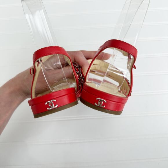 Chanel Red Leather CC Chain Sandals Four Strap Ankle Gladiator 38 - Picture 10 of 14